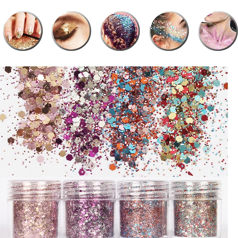 

4 Boxes 3D Nail Glitter Chunky Glitter Mix Size Hexagon Shapes Gradient Glitter Sequins for Nail Art Glitter Craft Decoration