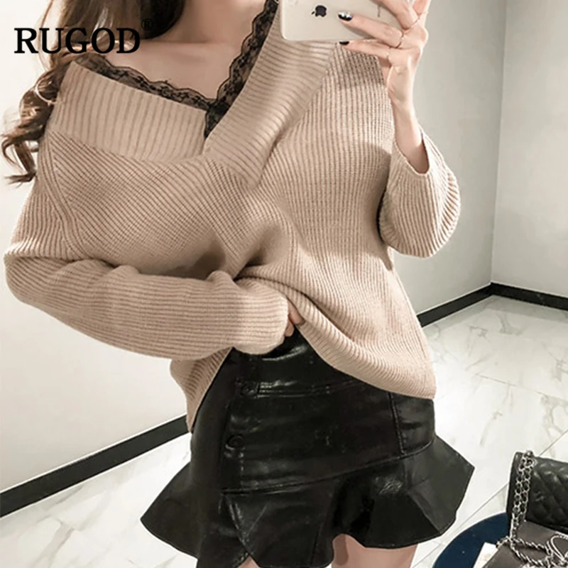

RUGOD Sexy Lace Patchwork V Neck Knitted Sweater Women 2018 Autumn Winter Casual Long Sleeve Pullover Jumper Befree Sueter Mujer