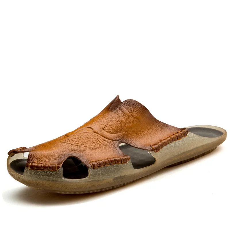 Летние сандалии; повседневная обувь из натуральной кожи; комфортные мужские на плоской подошве без застежки; мужские пляжные сандалии в римском стиле; брендовая мужская летняя обувь - Цвет: Yellow brown