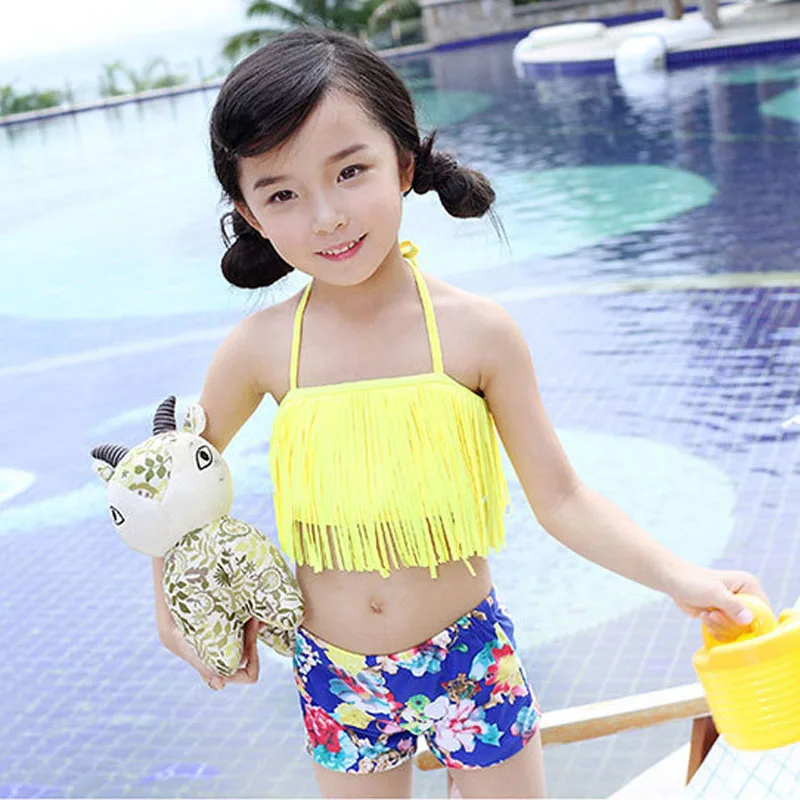 Yellow bathing suit for little kids children's tassel bikinis two pieces halter swimsuit solid