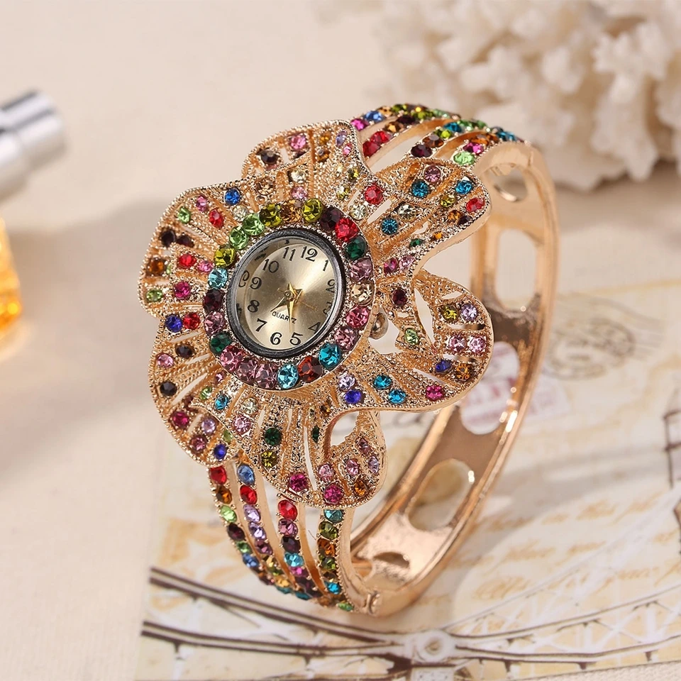 Женские наручные часы золотого цвета в форме цветка, ювелирный браслет, часы с кристаллами, женские кварцевые часы, relogio feminino bayan kol saati