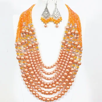 

European anniversary women 7 rows necklace earrings orange round shell simulated-pearl crystal charms jewelry set B1301