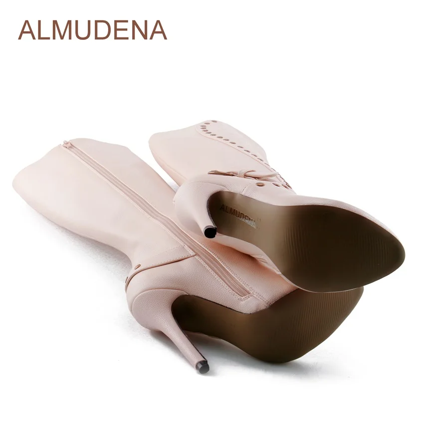 ALMUDENA/Сапоги до колена телесного цвета; женские модельные туфли на тонком высоком каблуке; высокие сапоги с ремешком и пряжкой; высокие сапоги с металлическими шипами