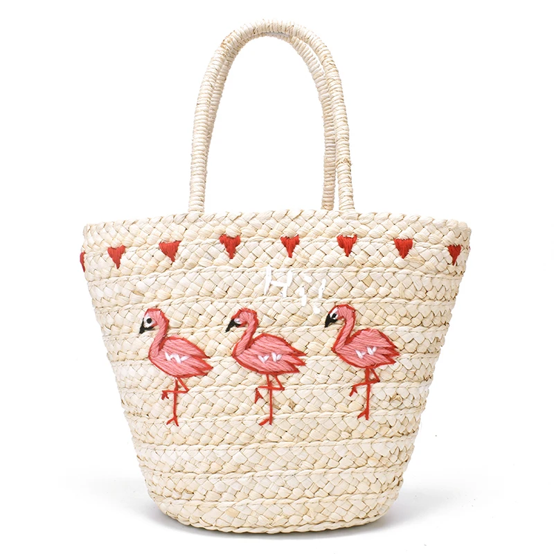 

Summer Ice Cream, Cactus, Dolphins Flamingo Embroidered Straw Bag Holiday Large Beach Bag Woven Shoulder Bag