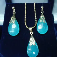 Натуральный Синий капля нефритовый кулон комплект ожерелья и серьги