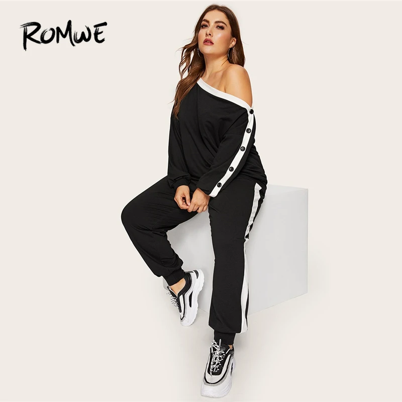 

Romwe Sport Plus Size Black Side Striped Asymmetrical Neck Pullover and Sweatpants Set Women Exercise Running Sets Sportswear