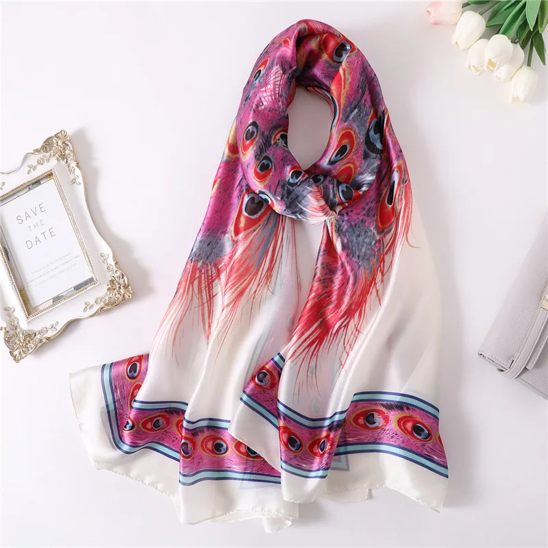 

2019 Spring Fashion Scarf Women Peacock Print Silk Polyester Beach Long Shawl & Wraps Female Pink Hijab Scarf Bandana Foulard