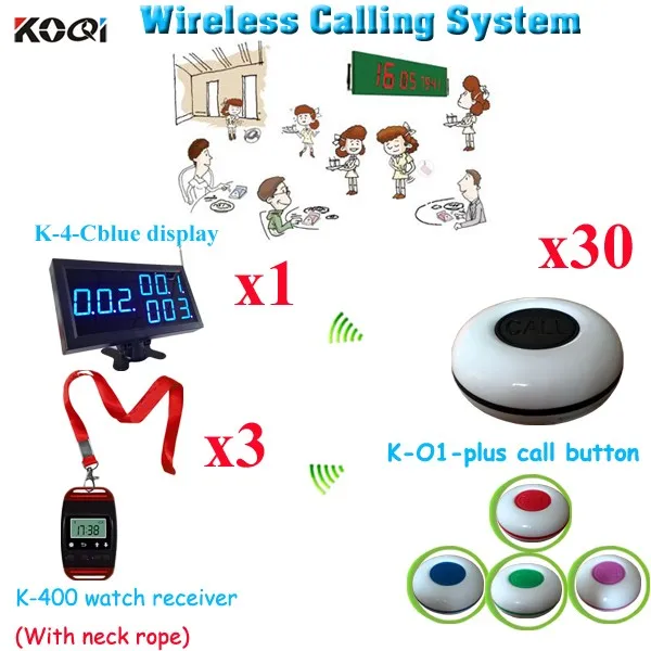 K-4-cblue+K-400+K-o1plus 1+3+30 Customer Call System Best Price ! Pagers For Restaurants Vibrating Pager(1pcs display+ 3pcs watch+30pcs call button)
