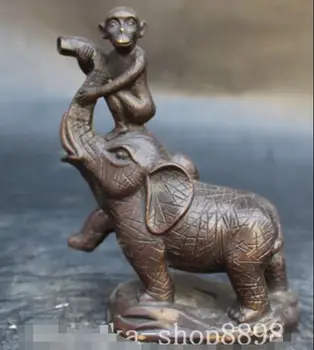 

14 cm Chinese Folk Fengshui Bronze Auspicious Animal Elephant Monkey Statue