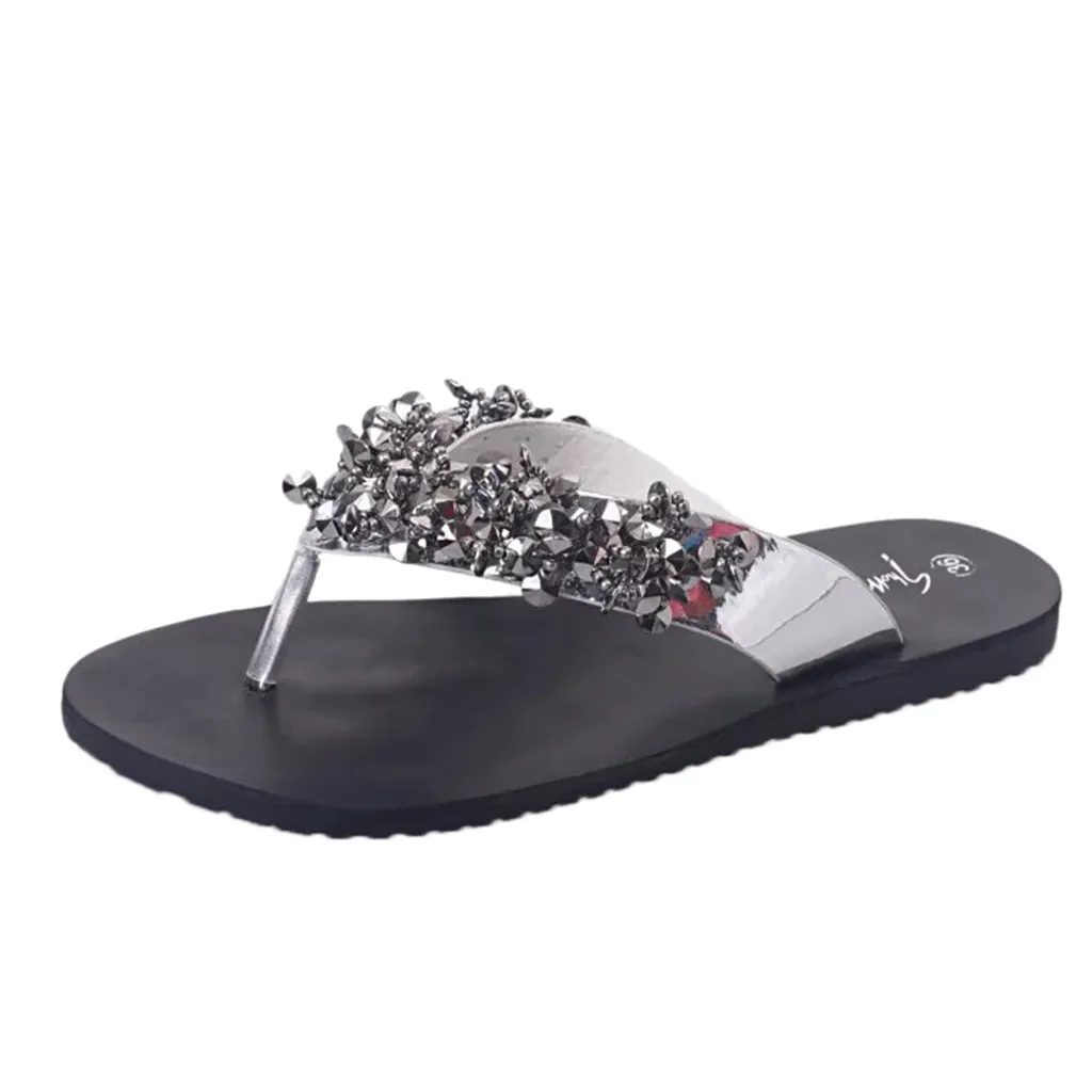 Женская Удобная пляжная обувь на плоской подошве; нескользящие повседневные Вьетнамки с мягкой подошвой; Украшенные стразами; летние шлепанцы на плоской подошве