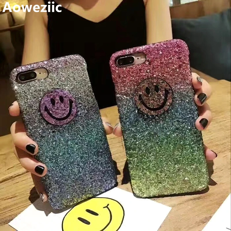

Aoweziic Women's mobile phone shell Korean smiling face tide brand For iPhone 6s 8 7plus X XS hard shell flash powder sequins