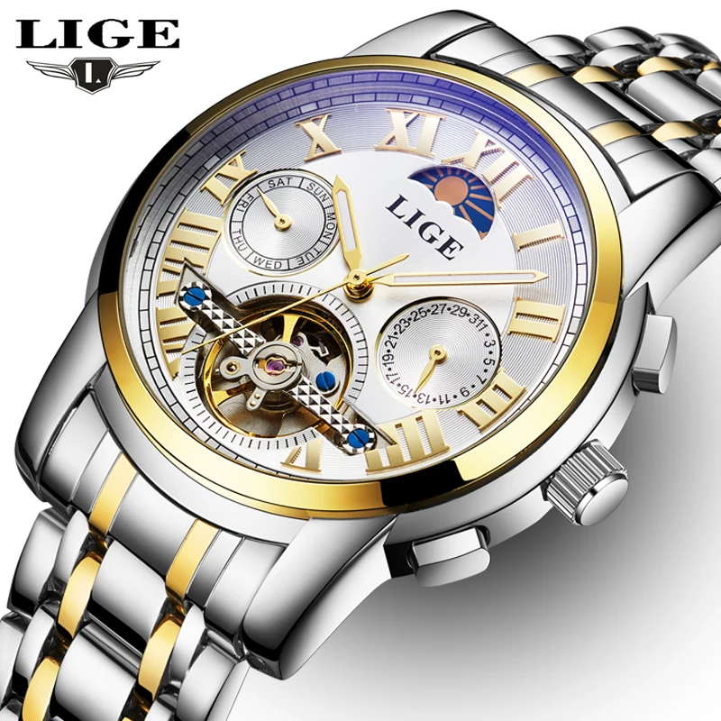 

LIGE Mens Moon Phase Tourbillon Mechanical Watches Men Full Steel Watch Man Business Automatic Watches relogio masculino 2016NEW