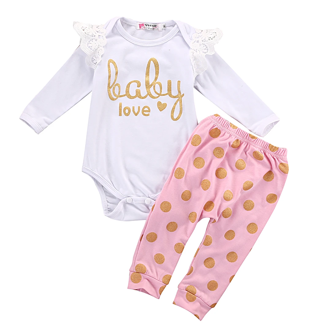 

2PCS Newborn Baby Girl Clothes Cute Bebes Cotton Bodysuit Romper Gold Dot Pant Trouser Outfit Bebek Giyim Clothing Set 0-18M
