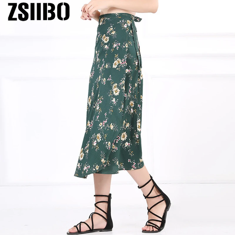 

2019 Summer bohemian Skirts Print floral Flowers Asymmetrical Women Skirt ankle-length lace-up fashion casual Beach skirt