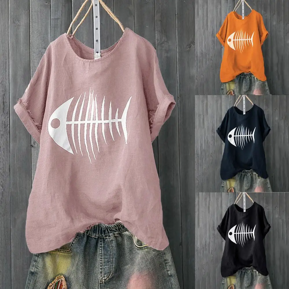 

Women Fashion Summer Girls Casual Solid Fish Bone Print Loose Short Sleeve Shirt Funny Tops for women clothes 2019