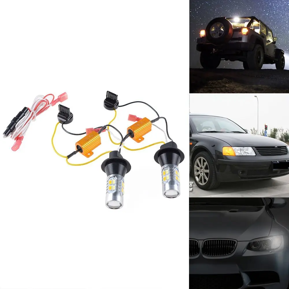 2Pcs 7440 T20 Single Filament Switchback Dual Color White Amber SMD LED