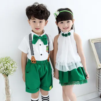 

2020 Girls Boys Crop Top Brother Sister Suspender Bow Tie 2 pcs Clothing Set Kids Green School Uniform Cheerleader Costume Suits