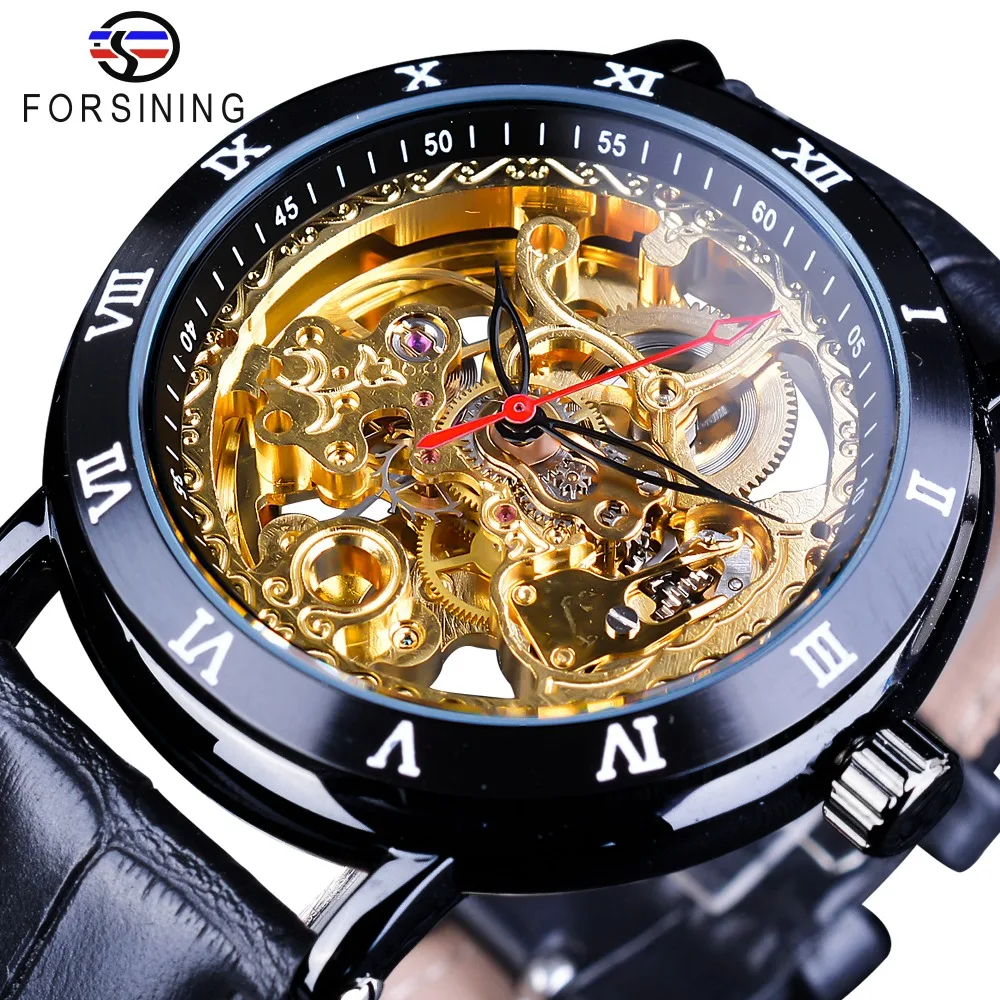 

Forsining Retro Flower Design Classic Black Golden Watch Genuine Leather Band Water Resistant Men's Mechanical Automatic Watches