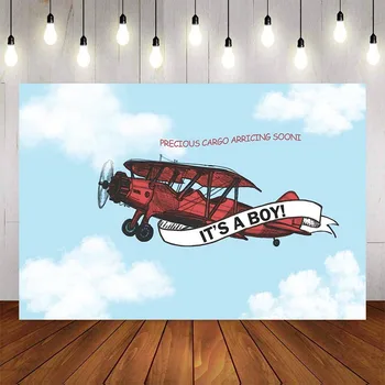 

Photography Backdrop Blue Sky White Clouds Baby Pilot Backdrop Toy Aircraft Kid Boy Birthday Photo Studio Background Banner