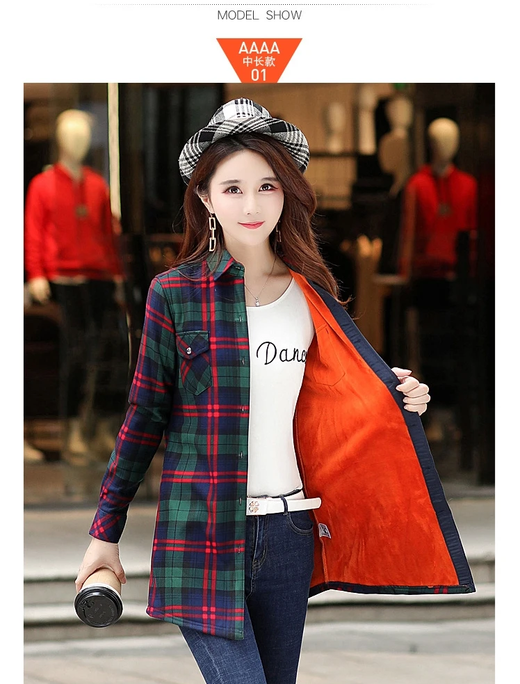 womens shirts Velvet Thick Warm Women's Long Plaid Shirt Female Full Sleeve Tops M-XXXL Winter Check Blouse Blusas Femininas Chemise Autumn off the shoulder shirts & tops