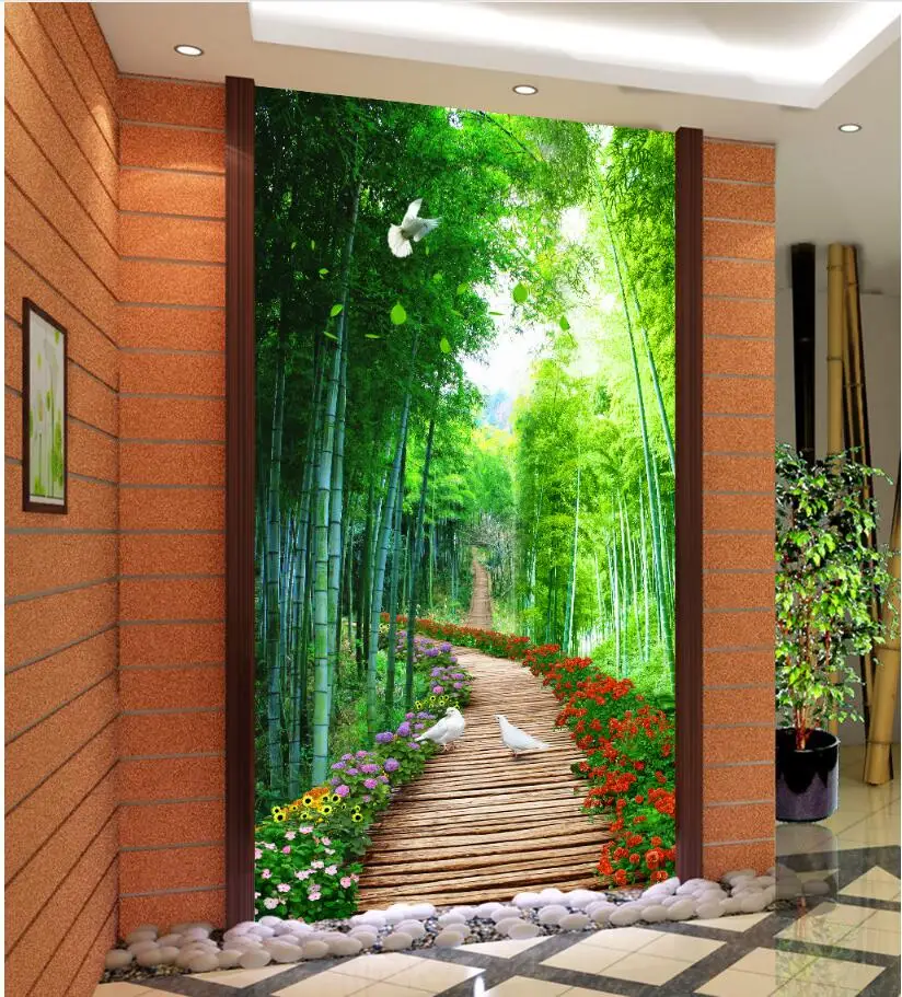 3d wallpaper custom mural The green wood plank path porch ...