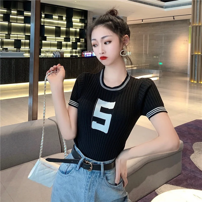 

Blusas Women's T-shirt Summer Short T Shirt Thin Number 5 Printed Knit Short Sleeve T-shirt