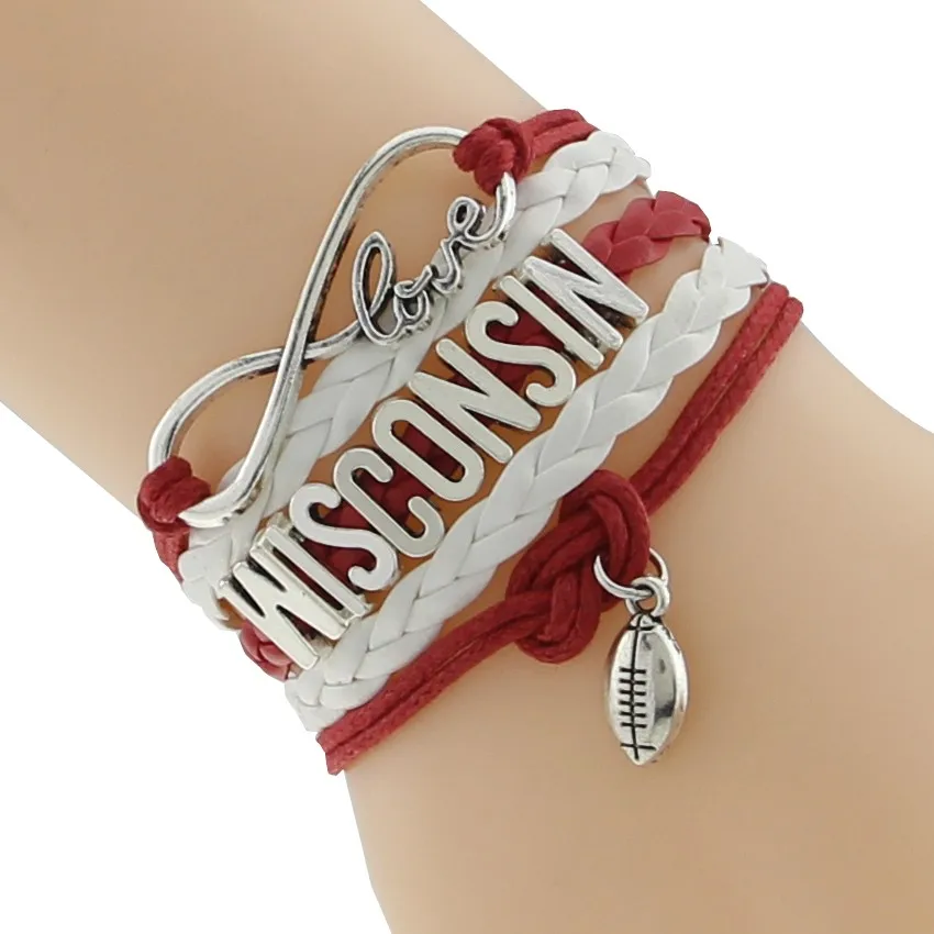 إنفينيتي الحب يسكونسن كرة القدم فريق كلية سوار الأحمر الأبيض مخصص الرياضية الصداقة أساور الأحمر والأبيض