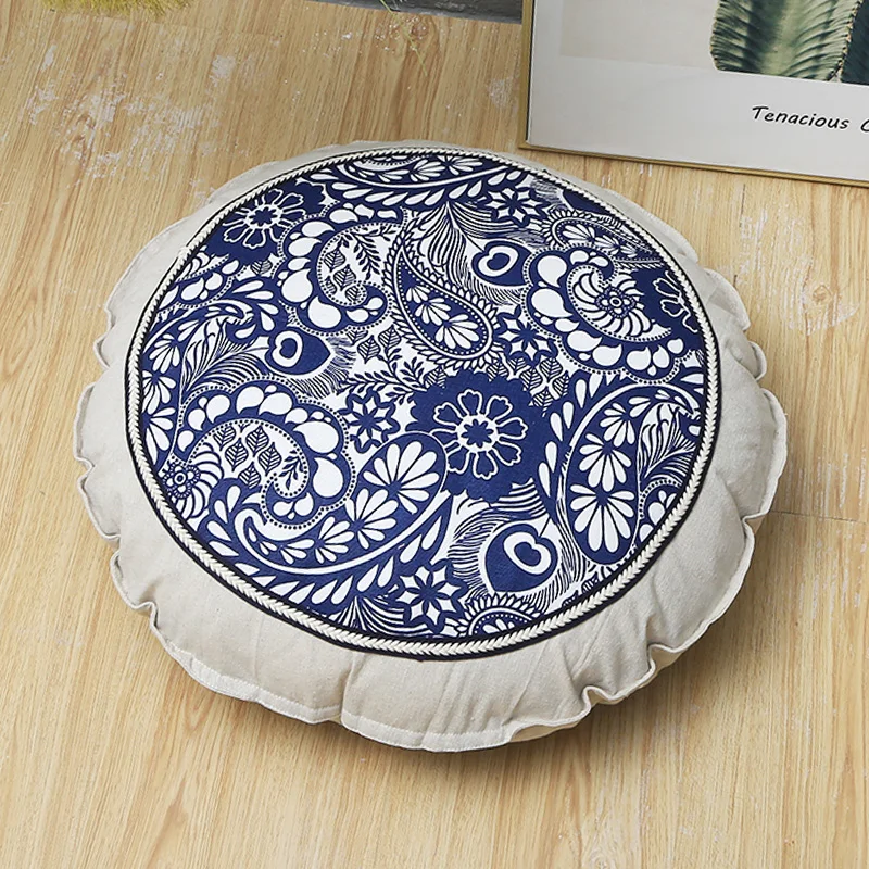 Tatami Round Cushion Japanese Style Cotton Linen Pastoral Floral Chair Cushion Printed Washable Pillow Meditation Sofa Cushion 