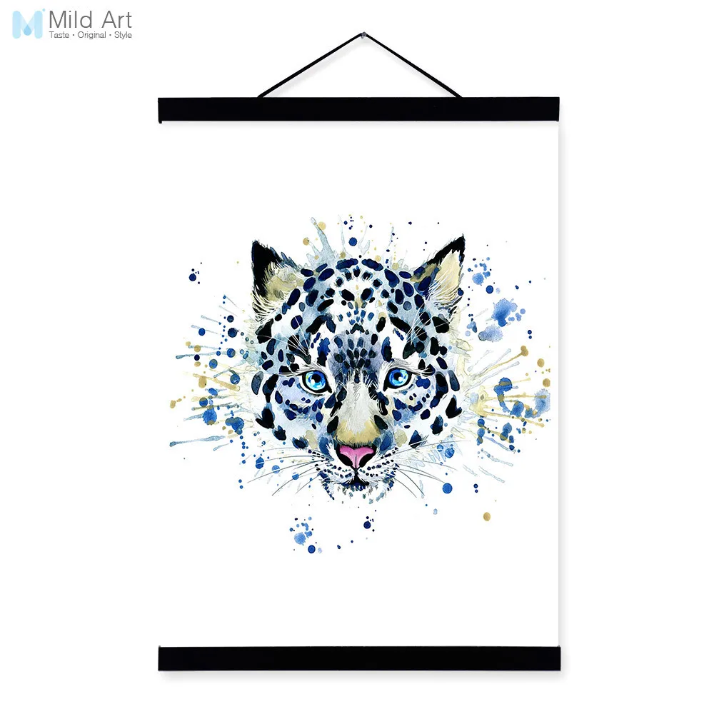 Snow Leopard Watercolor Fashion Animal Portrait Wooden Framed Canvas