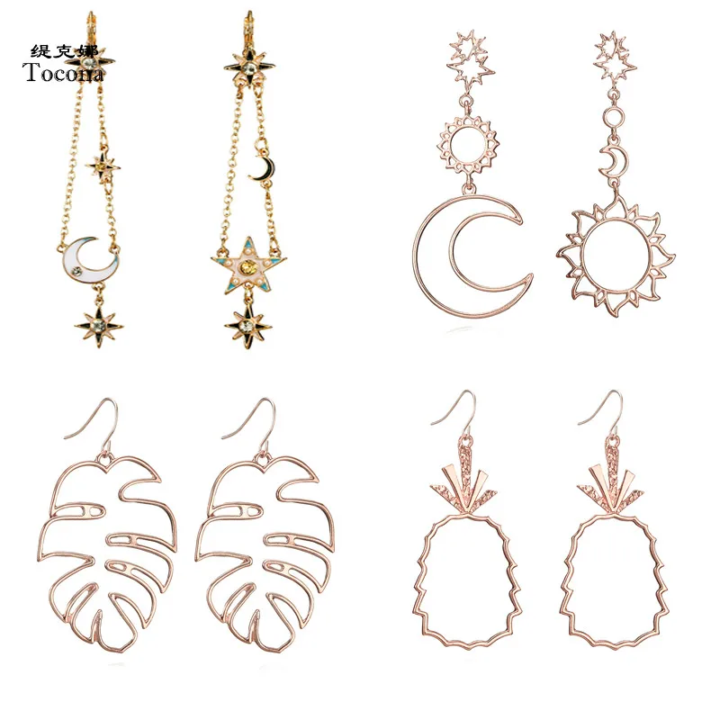 

Tocona Vintage Rose Gold Sun Moon Star Leaf Pineapple Charm Long Piercing Drop Dangle Earring Brincos for Women Jewelry