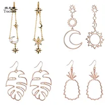Tocona 빈티지 로즈 골드 썬 문 스타 리프 파인애플 참 롱 피어싱 드롭 댕글 귀걸이 brincos for women jewelry