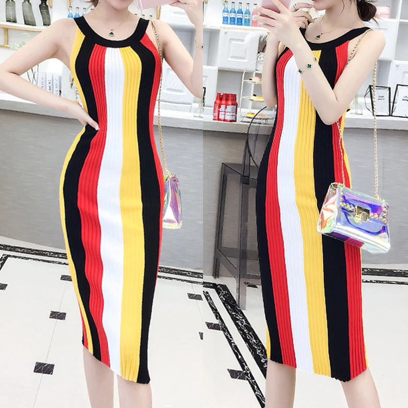 

2019 New Summer Dress Women Fashion Sexy Slimming Hanging Neck Striped Knit Bag Hip Dress Sleeveless Bodycon Dresses Plus Size