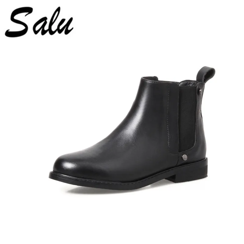 

Salu Warm Ankle Boots For autumn Black Full Grain Leather with Female Brief Design Fashion Style Shoes