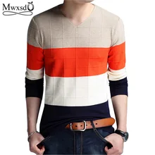 Марка mwxsd мужской повседневный Тонкий облегающий лоскутный свитер с v-образным вырезом мужской классический Pull Homme кашемировые шерстяные свитеры рубашки плюс 4XL
