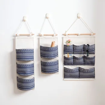 

Home cotton linen storage hanging bag multi-storey pocket waterproof wall hanging bag