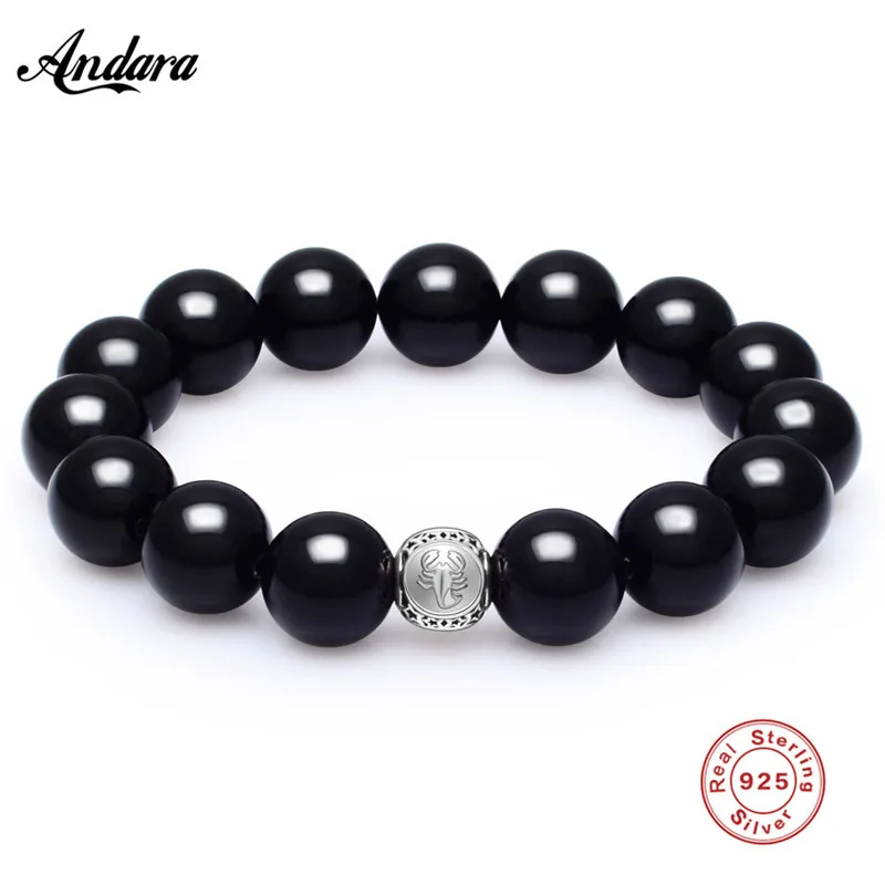 Handmade Black Natural Stone Charm Bracelets For Men Sterling Silver