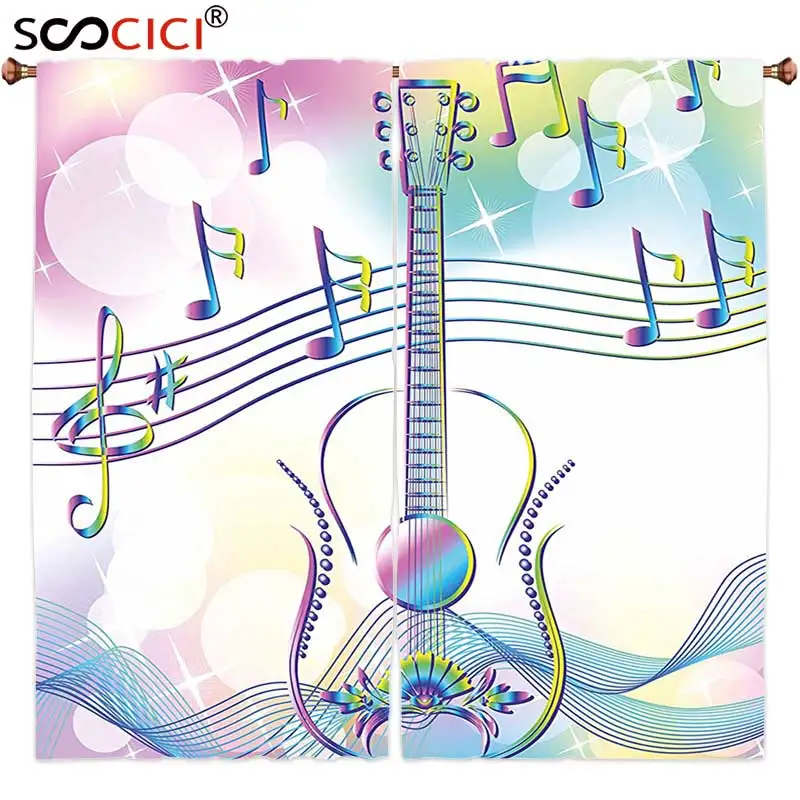 

Window Curtains Treatments 2 Panels,Music Decor Abstract Image Backdrop with Guitar Notes Star Beam Like Design Light Blue Pink