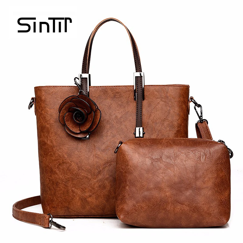 

SINTIR 2 Set Women Black Handbags Brand Women Flowers Leather Shoulder Bags Vintage Business Party Casual Big CrossBody Bags sac