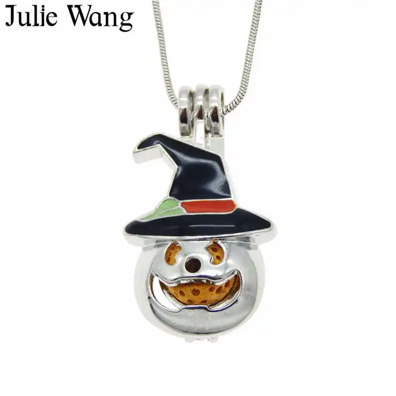 

Julie Wang Alloy Enamel Black Hat Halloween Pumpkin Pendant Pearl Beads Cage Essential Oil Diffuser Locket Necklace Girl Jewelry