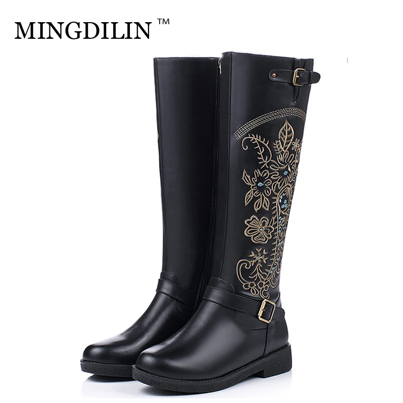

MINGDILIN Winter Women's Genuine Leather Knee High Boots Embroider Thigh High Boots Genuine Leather Woman Shoes Black Fashion