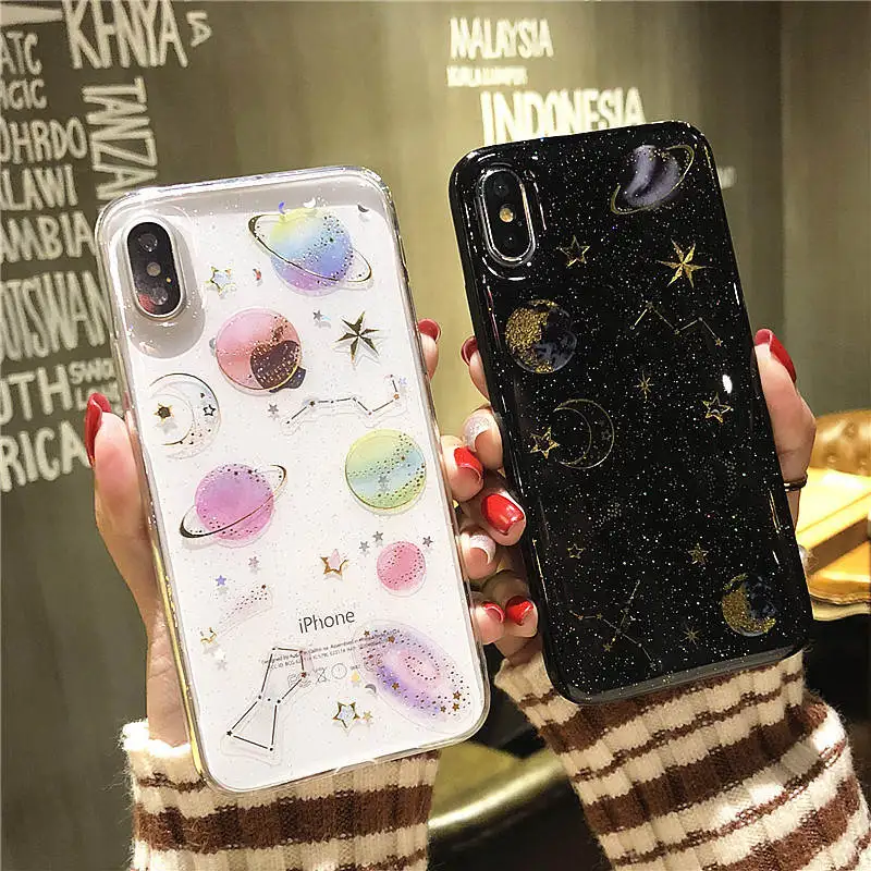 Epoxy Glitter Sequins Planet Saturn For Iphone 66S 6P 78 78plus Xxs Xr Xsmax Lucky Cat Anti-Drop Transparent Protective Cover |