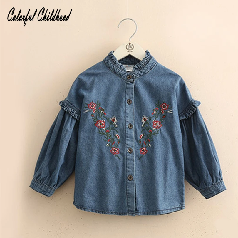 Baby Autumn Blouse Floral Embroidery Denim Stand Collar Shirt Fashion Toddler Kid Lantern Sleeve Jean Tops& Out Wear Baby Shirt