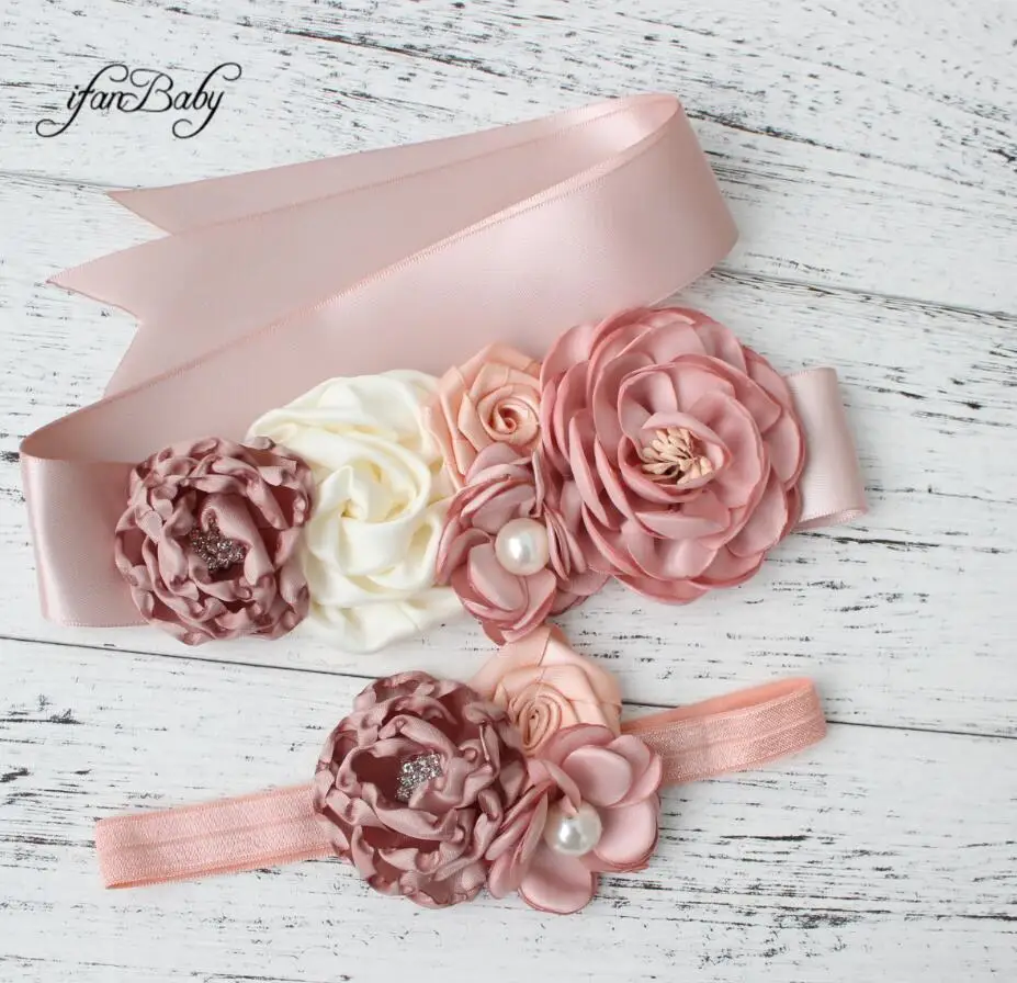 Fashion Burn flower Belt Girl Woman Sash Belt Wedding Sashes belt  with flower headband 1 SET ladies designer belts Belts