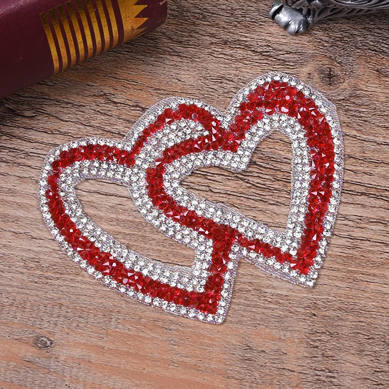 Double Heart Exquisite Rhinestone Stickers Heat Transfers For Clothes DIY Embroidery Applique For T-shirt Clothing Decor (7)