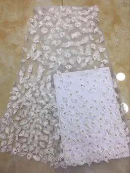 

French Lace Fabric 3D Leafs African Tulle Lace Fabric With Beads White African Lace Fabric For Wedding X1109