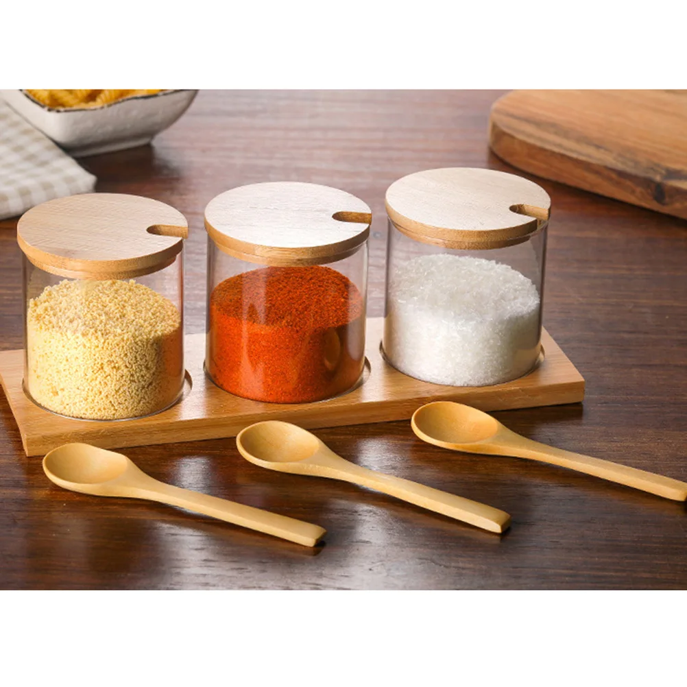 

1 Set Seasoning Jars Glass Clear Kitchen Spice Container Holder Pot Cruet with Wooden Spoon Kitchen Storage and Organizer