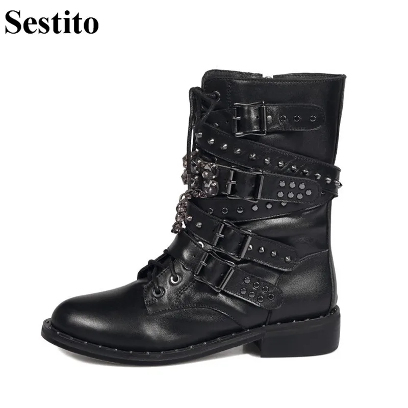 

New Fashion Black Cross-tied Chain Rivet Woman Boots Round Toe Low Square Heel Ankle Boots For Women Zip Women Shoes Autumn