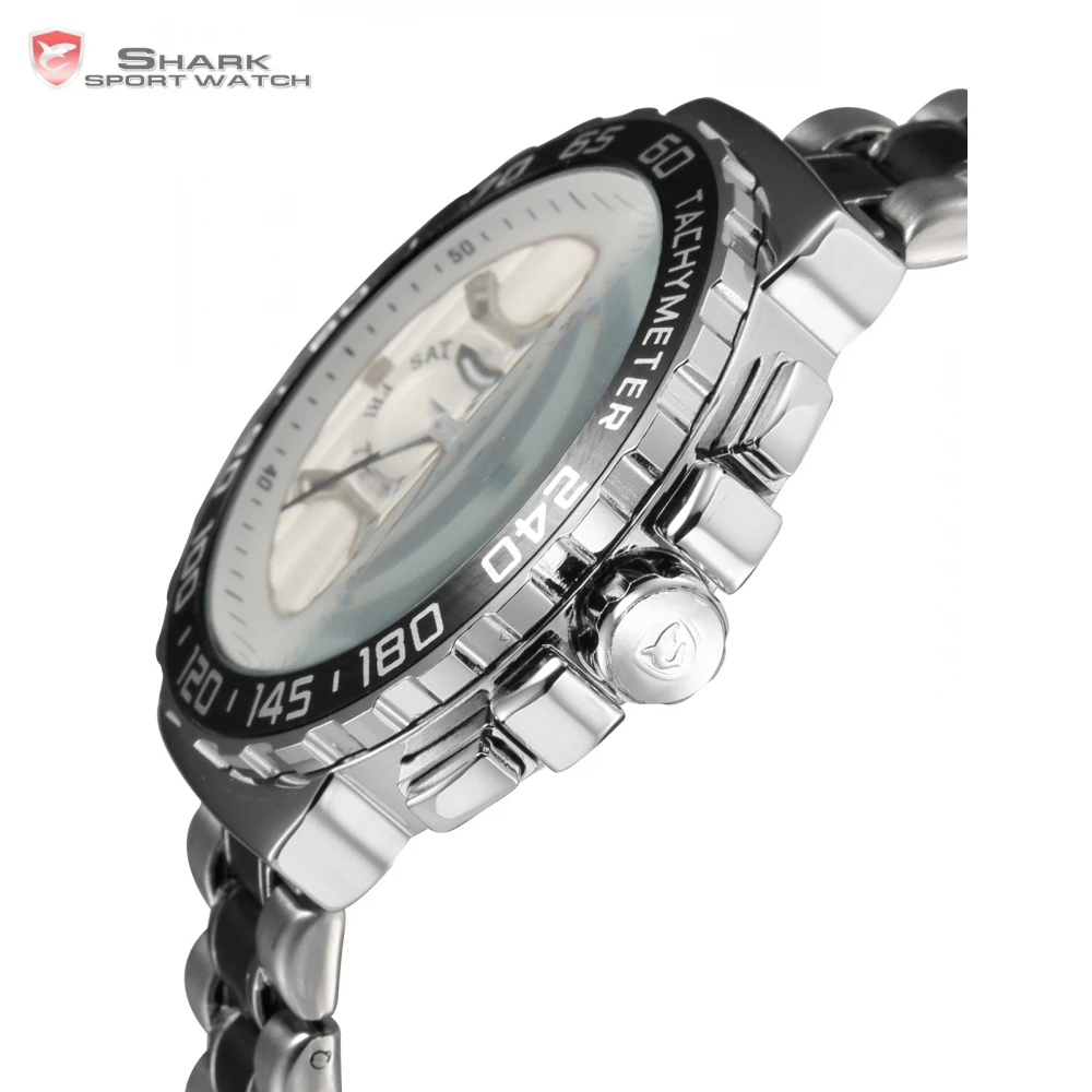 Blacknose Shark Sport Watch White Silver Stainless Steel Band Auto Date Day Waterproof Men's Sports Quartz Wrist Watches / SH381