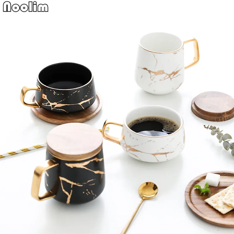 

Luxury Nordic Matte Ceramic Marble Tea Coffee Cups with Wood Saucers Gold Marble Mug