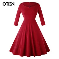 OTEN-Spring-Autumn-Women-3-4-Sleeve-V-Neck-Red-color-Back-Zipper-Vintage-Retro-50s